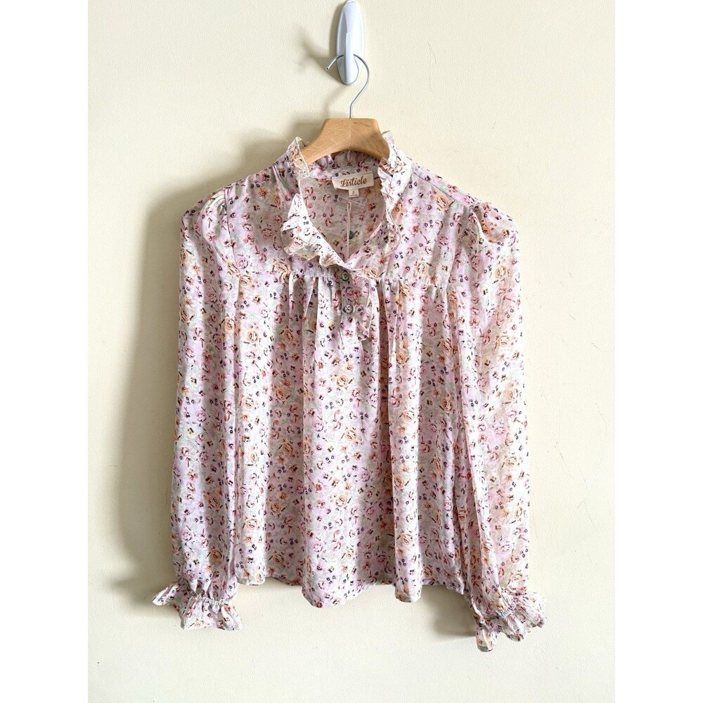 Listicle Floral Blouse Ruffle Mock Neck Long‎ Sleeve Sheer Top Romantic Fairy S